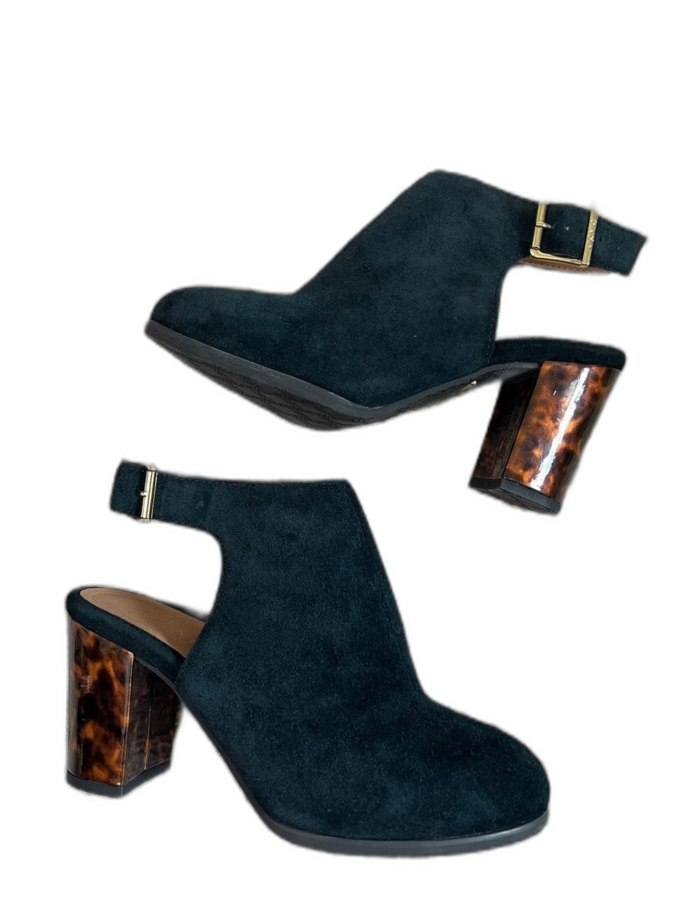 Vionic Perk Lacey Tortoiseshell Black Suede Open Back Buckle Block Heels Size 6